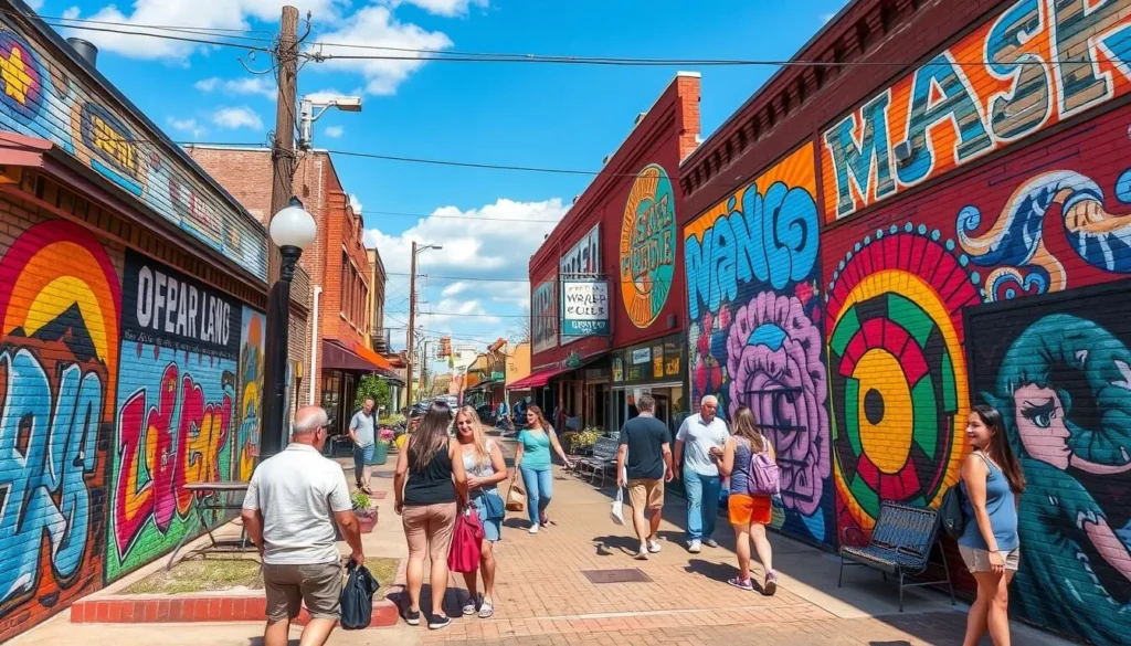 Generate an image of a self-guided mural walk in downtown Tupelo