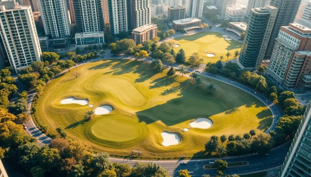 Generate an image of a serene 18-hole golf course in the heart of a city.