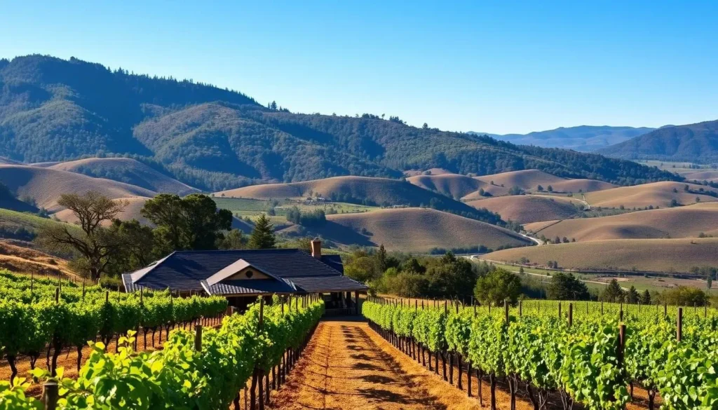 Generate an image of a serene Anderson Valley vineyard with a tasting room.