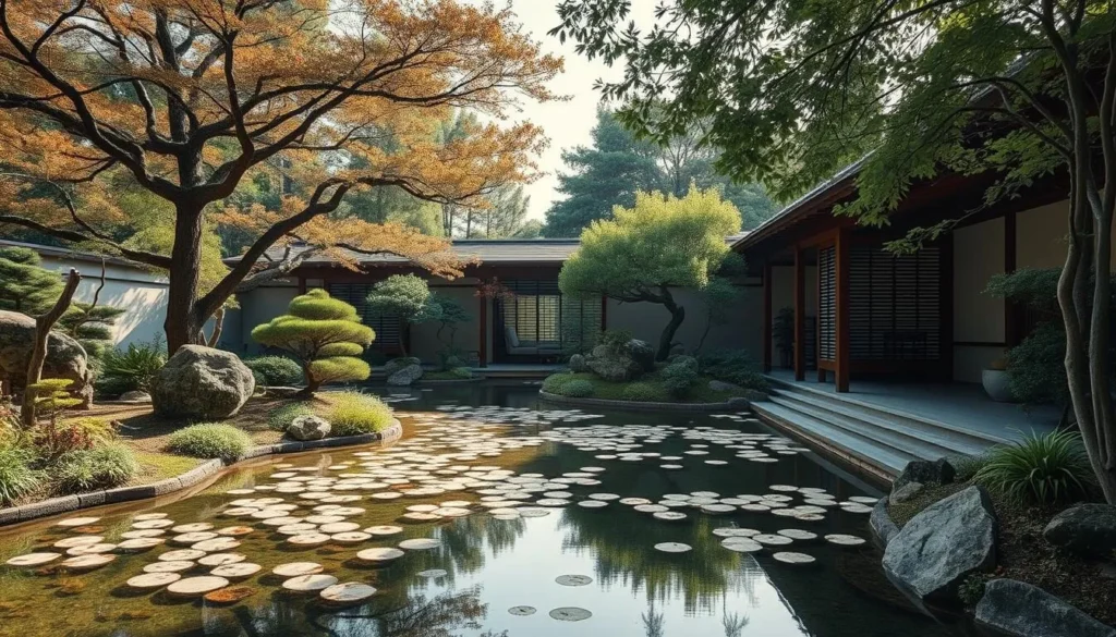 Generate an image of a serene Japanese garden with a subtle hint of modernity.