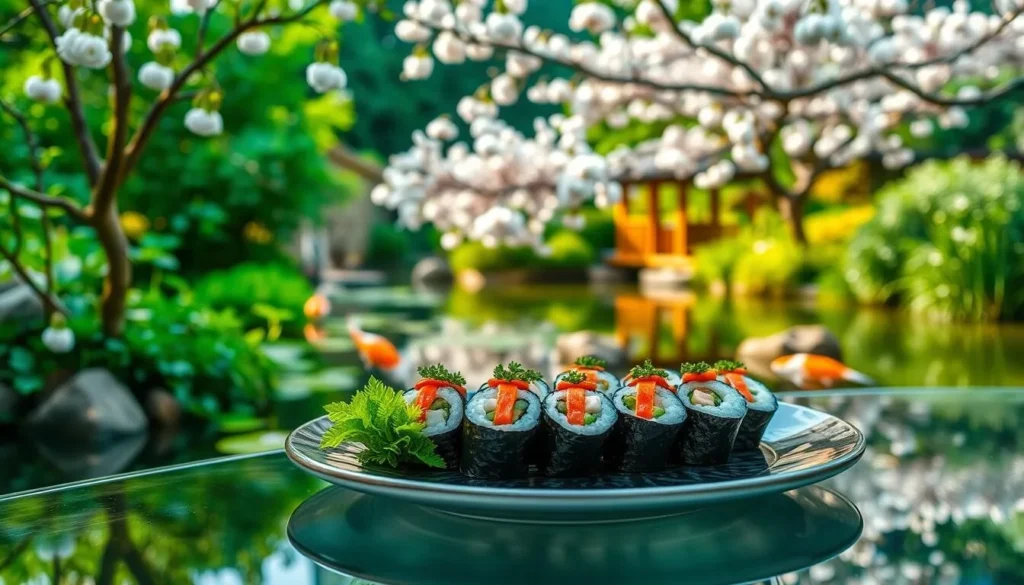 Generate an image of a serene Japanese garden with a subtle hint of vegetarian sushi in the foreground.