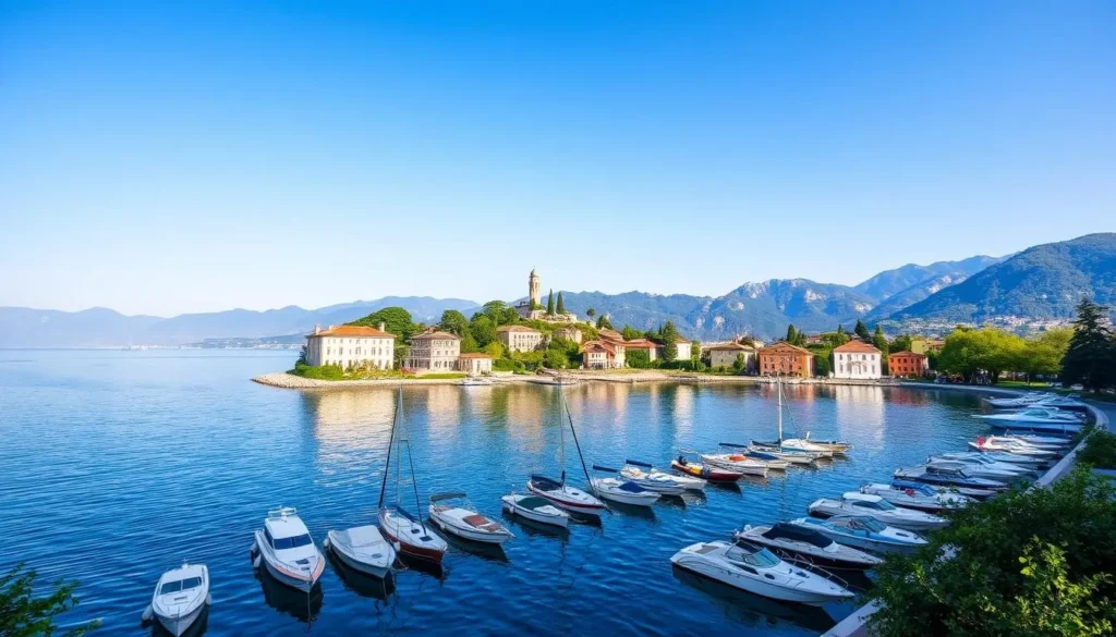 Generate an image of a serene Lake Como with villas and boats along its shores.