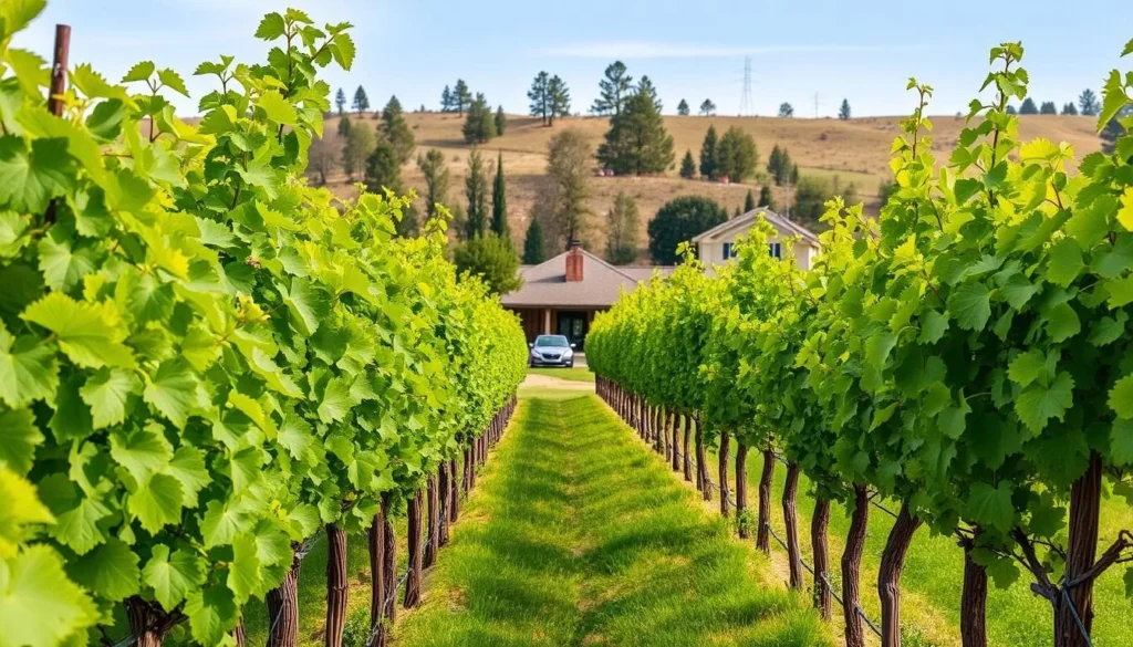 Generate an image of a serene Lake County vineyard with lush green grapes and a tasting room in the background.