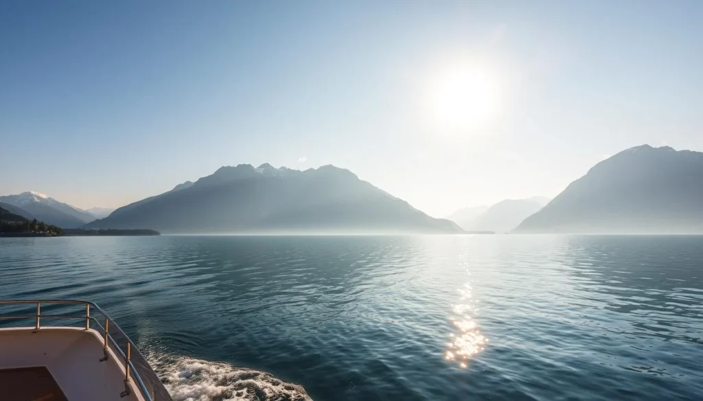 Generate an image of a serene Lake Thun cruise with the Bernese Alps in the background.