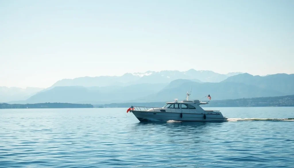 Generate an image of a serene Lake Zurich scene with a boat cruising in the foreground and the Alps in the background.