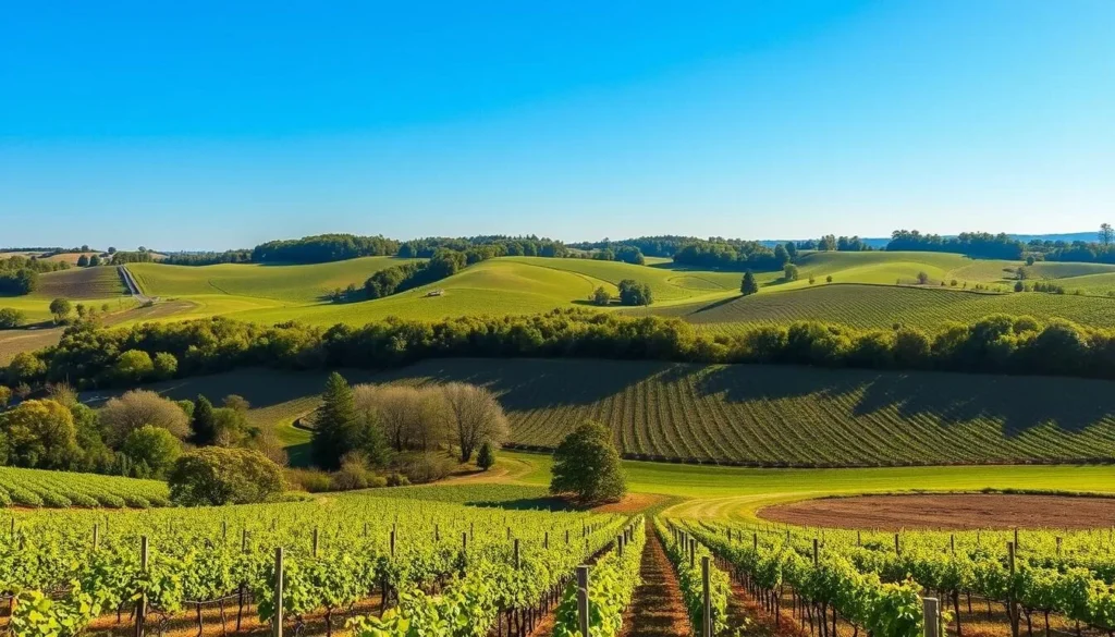 Generate an image of a serene Missouri Wine Country landscape with rolling hills and vineyards.