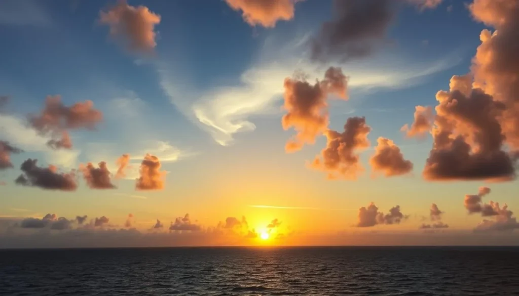 Generate an image of a serene Oahu sunset cruise with the sun dipping into the ocean, surrounded by a vibrant sky.