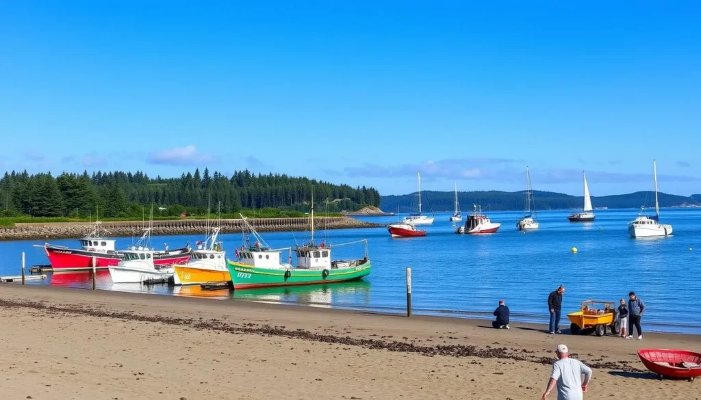 Generate an image of a serene Tillamook Bay with fishing boats and people crabbing and clamming on the shore.