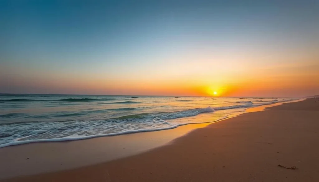 Generate an image of a serene beach in Merca, Somalia, with the Indian Ocean waves gently lapping against the shore.