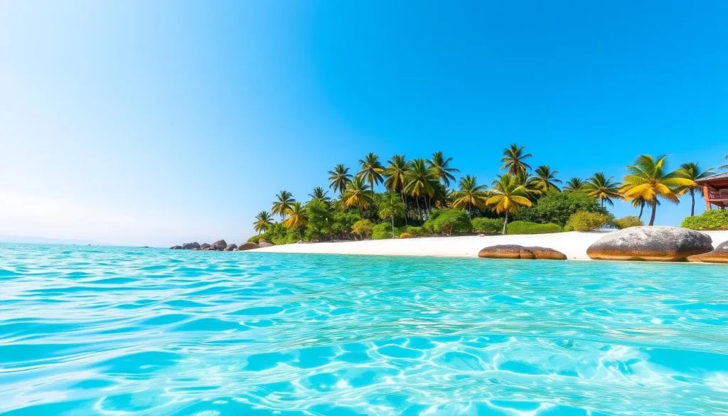 Generate an image of a serene beach in Samal Island with crystal-clear waters and powdery white sand.