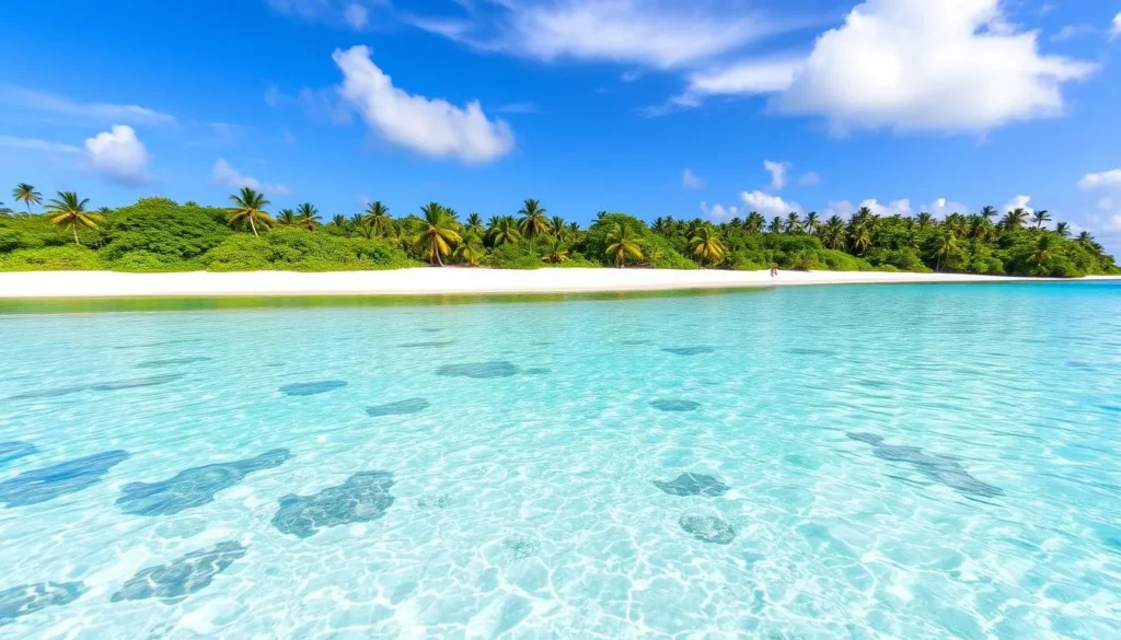 Generate an image of a serene beach on Tetiaroa Island with crystal-clear waters and powdery white sand.