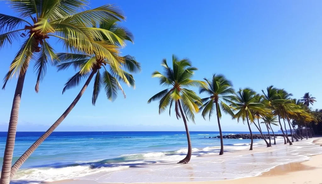 Generate an image of a serene beach scene at Pointe Denis, with palm trees swaying in the breeze and a clear blue sky.