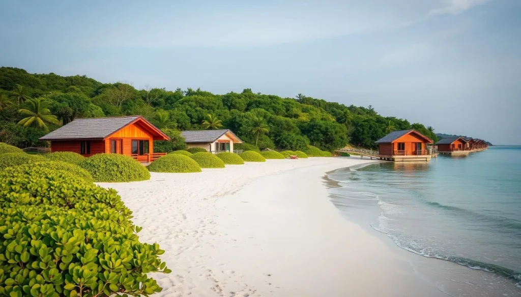 Generate an image of a serene beach scene with white sand and lush green vegetation, featuring beachfront cabins and floating chalets.