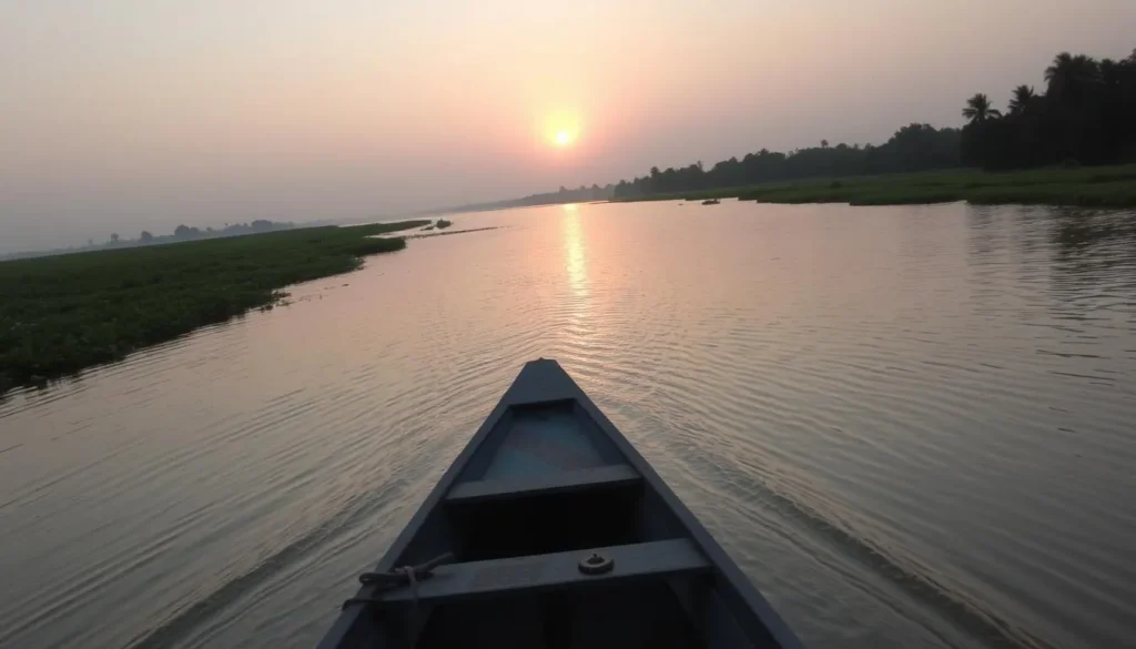Generate an image of a serene boat ride on the Karnaphuli River