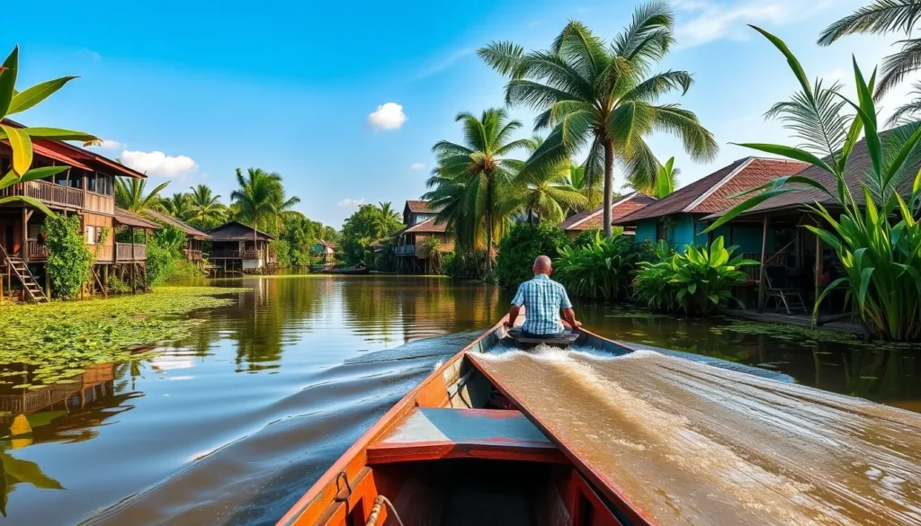 Generate an image of a serene boat ride through the Mekong Delta's canals