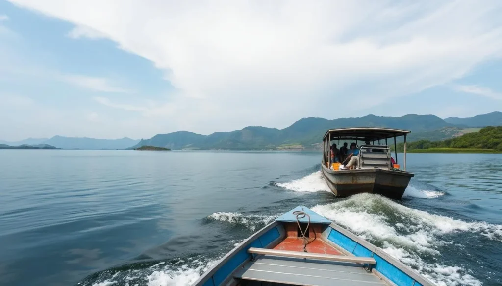 Generate an image of a serene boat trip on Lake Albert with the Democratic Republic of Congo's landscape in the background.