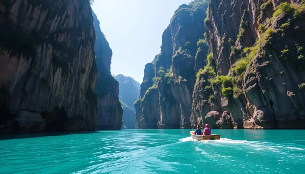 Generate an image of a serene boat trip on the turquoise Nho Que River surrounded by majestic cliffs.