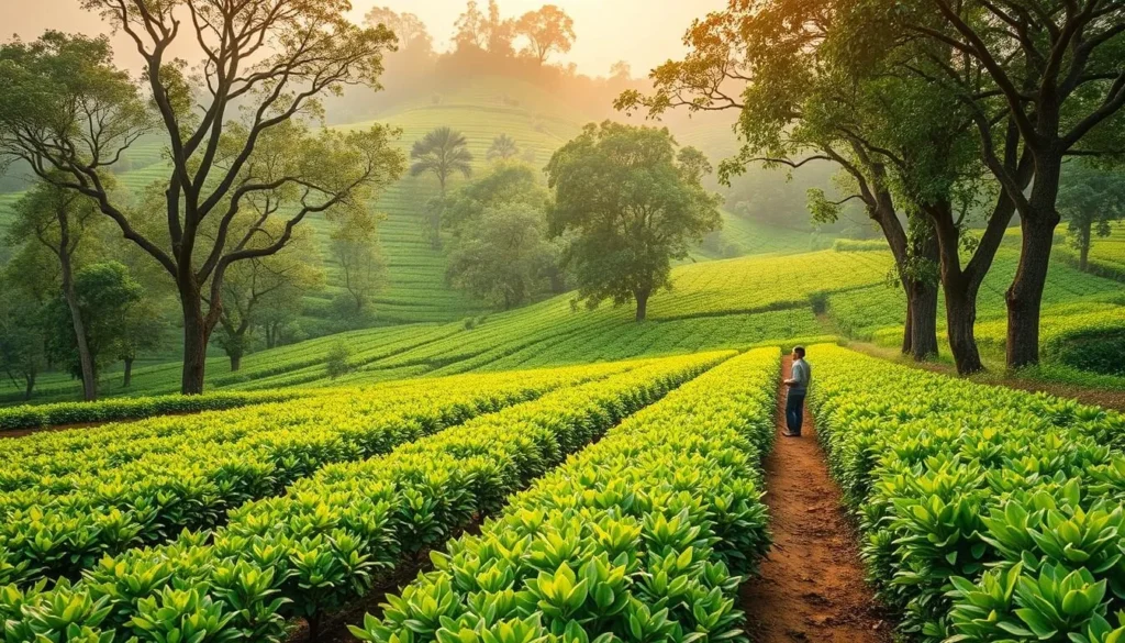 Generate an image of a serene coffee plantation in Dalat, Vietnam