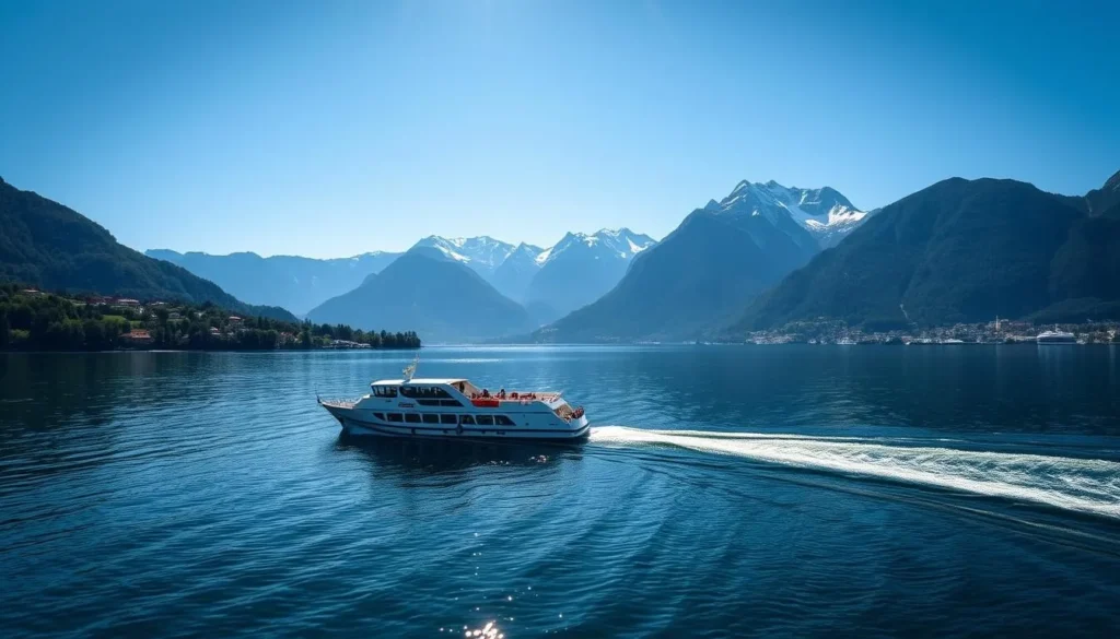 Generate an image of a serene cruise boat on Lake Lucerne with the Swiss Alps in the background.