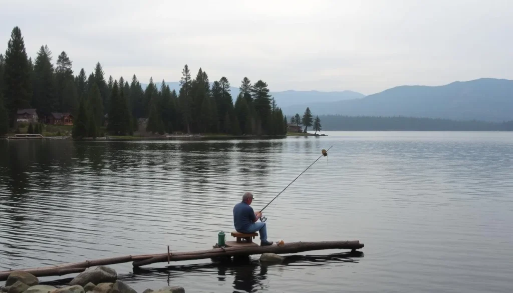 Generate an image of a serene fishing scene at Donner Lake with a fisherman waiting for a catch.