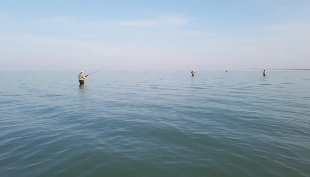 Generate an image of a serene fishing scene at Shackleford Banks, Outer Banks, with anglers casting lines into the calm waters.