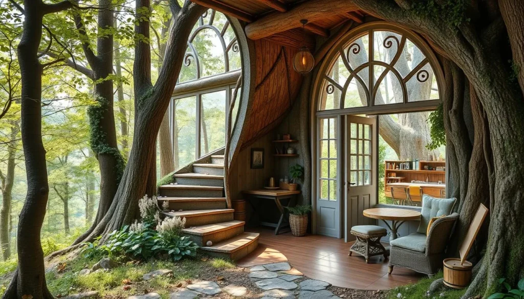 Generate an image of a serene forest setting with a 'rabbit hole' staircase leading to a cozy café with rustic décor and floor-to-ceiling windows.