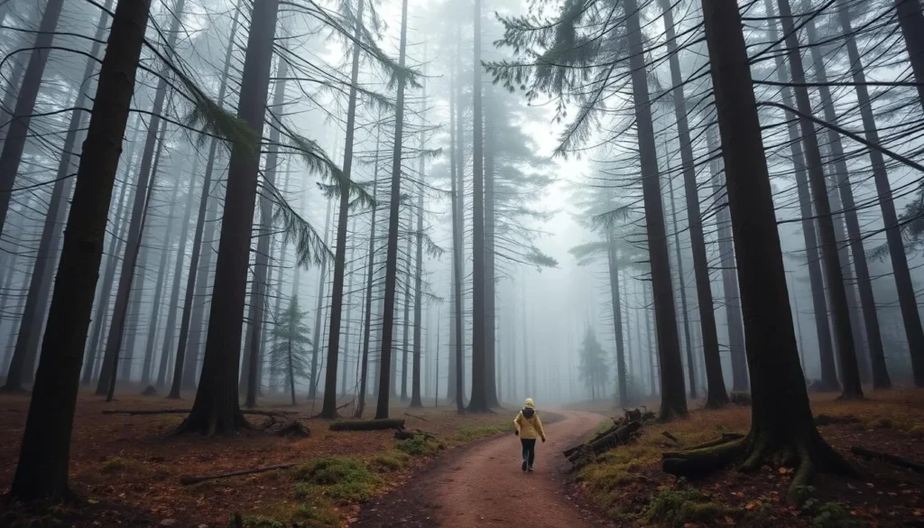 Generate an image of a serene forest trail in Sihlwald Forest, with tall trees and a misty atmosphere.