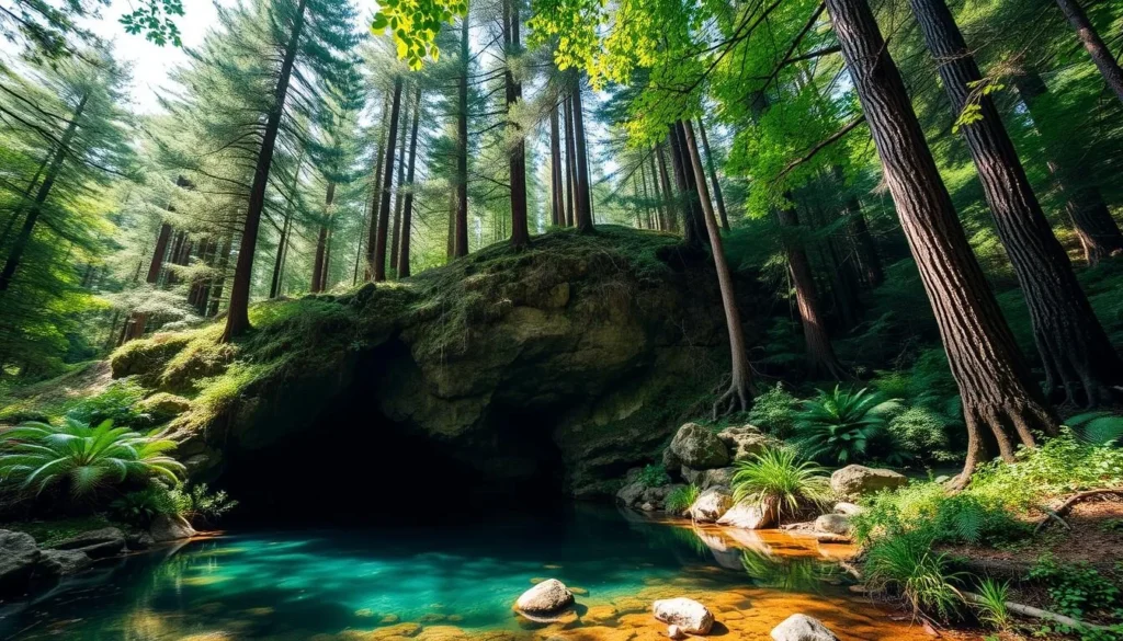Generate an image of a serene forest with tall pine trees, a hidden cave, and a natural spring.