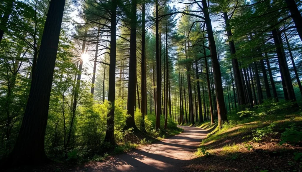 Generate an image of a serene forest with tall trees and a walking trail.