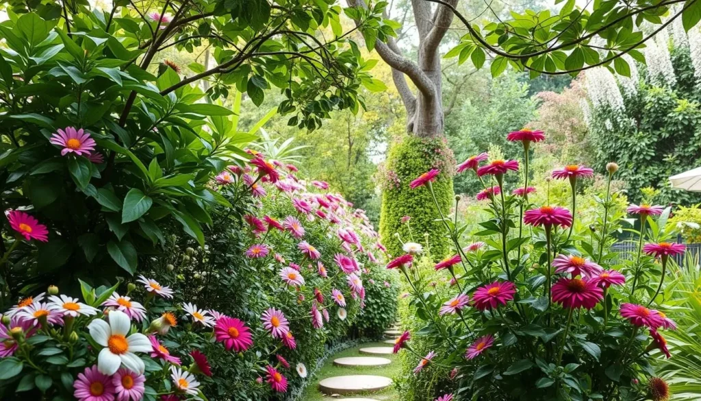 Generate an image of a serene garden with lush greenery and a peaceful atmosphere.