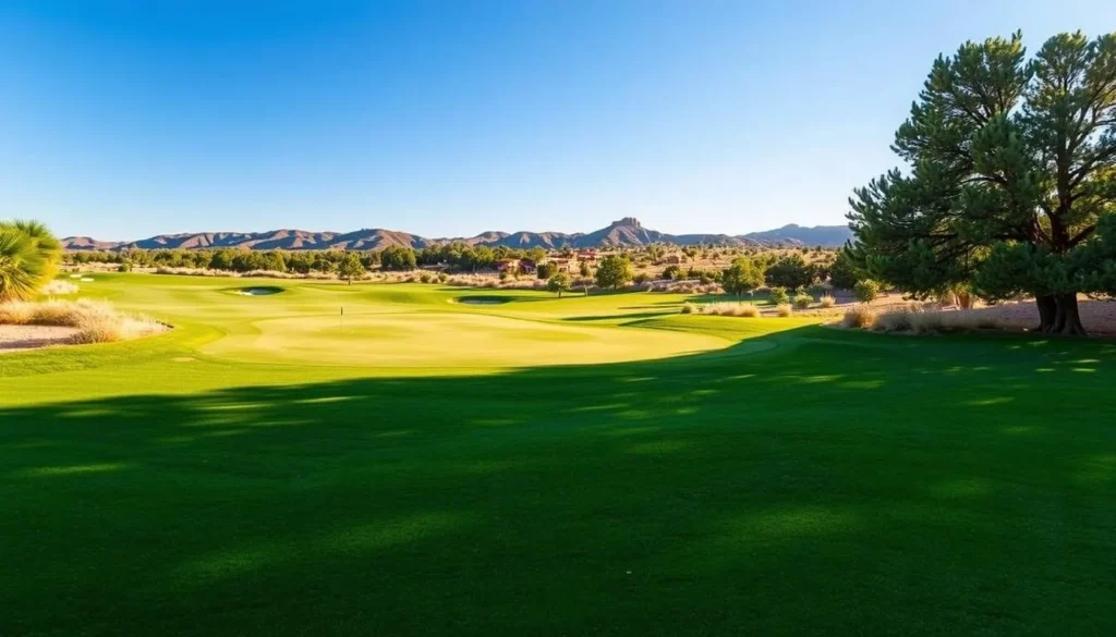 Generate an image of a serene golf course in Alamogordo, New Mexico, with lush greenery and a clear blue sky.