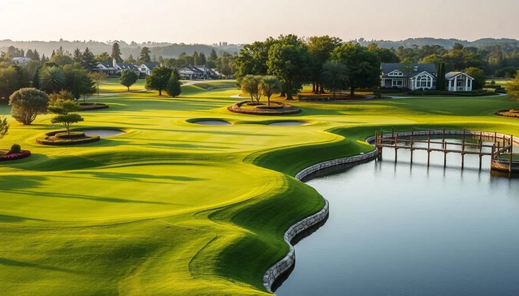 Generate an image of a serene golf course with lush greenery and a tranquil atmosphere.