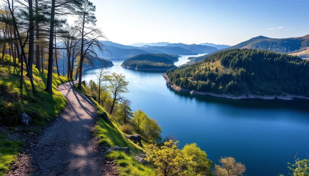 Generate an image of a serene hiking trail around Lake Hennessy with scenic views.