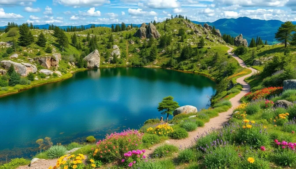 Generate an image of a serene hiking trail around a lake with diverse landscapes.
