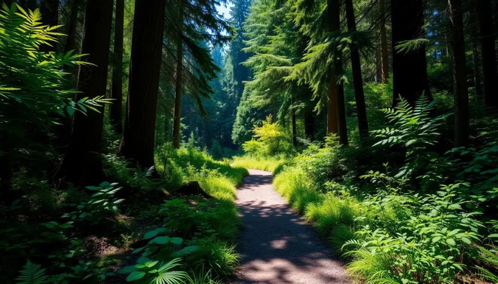 Generate an image of a serene hiking trail in Tillamook State Forest