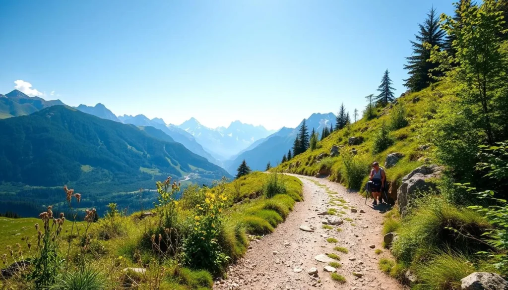 Generate an image of a serene hiking trail in the Swiss National Park with mountains in the background.
