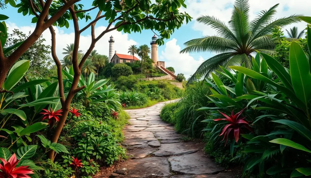 Generate an image of a serene jungle trail leading to a historic lighthouse on a hilltop, surrounded by lush greenery and exotic wildlife.