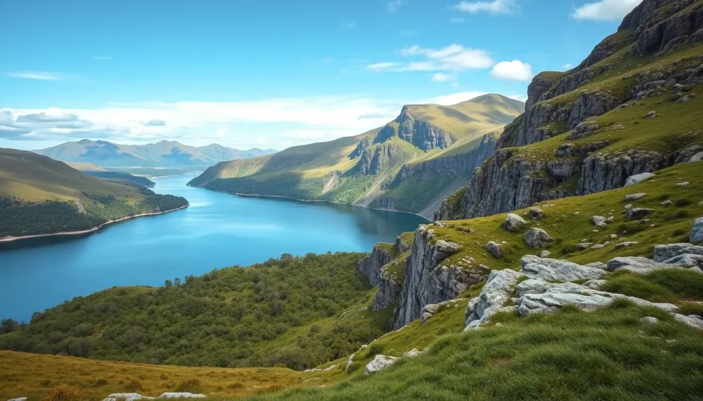 Generate an image of a serene lake surrounded by lush green hills and rugged bluffs.
