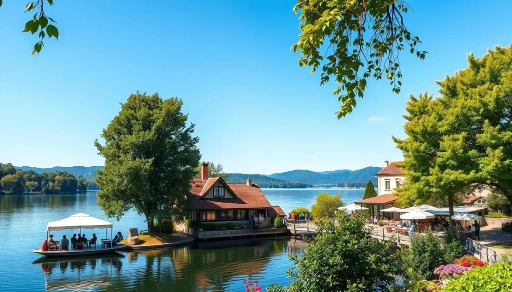 Generate an image of a serene lake surrounded by restaurants and cafes.