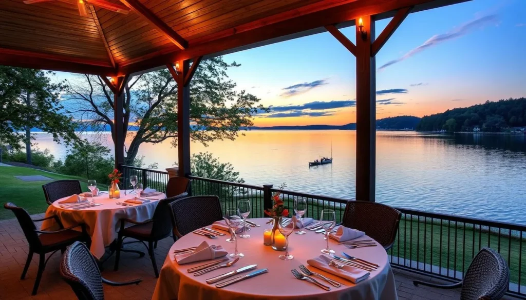 Generate an image of a serene lakeside dining area with a beautiful view of Bull Shoals Lake.