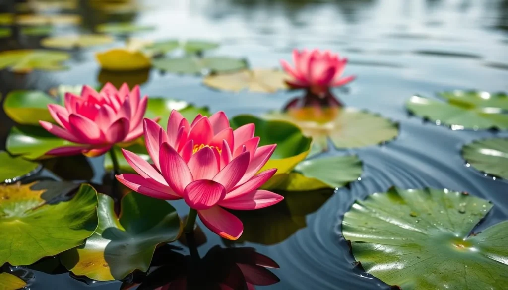 Generate an image of a serene lotus beel with blooming lotus flowers and a peaceful atmosphere.
