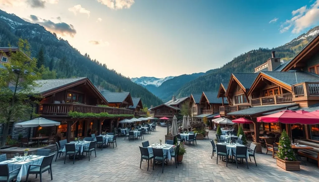 Generate an image of a serene mountain hamlet with gourmet restaurants and breathtaking views.