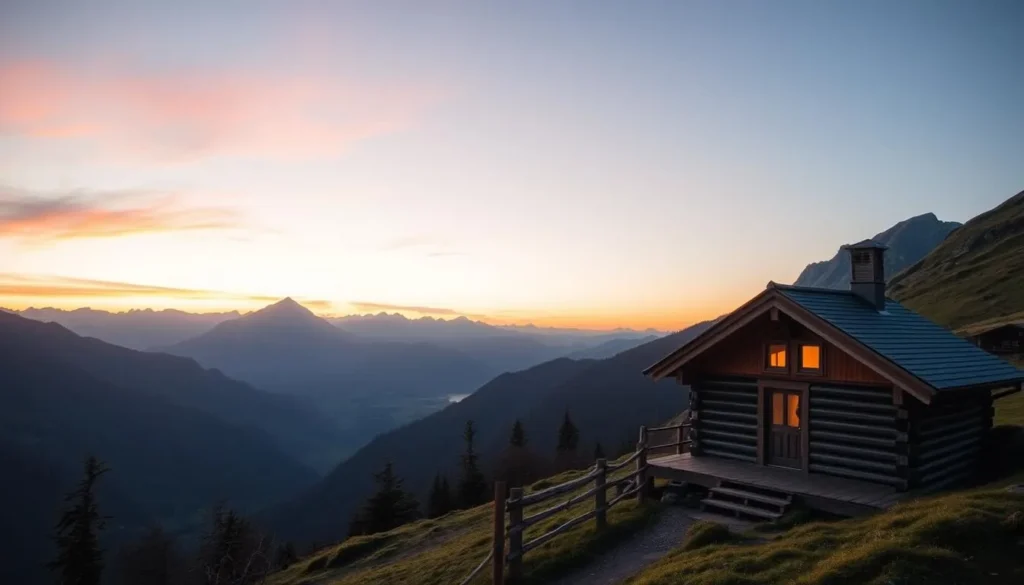 Generate an image of a serene mountain hut at sunrise near Lyskamm, Switzerland.