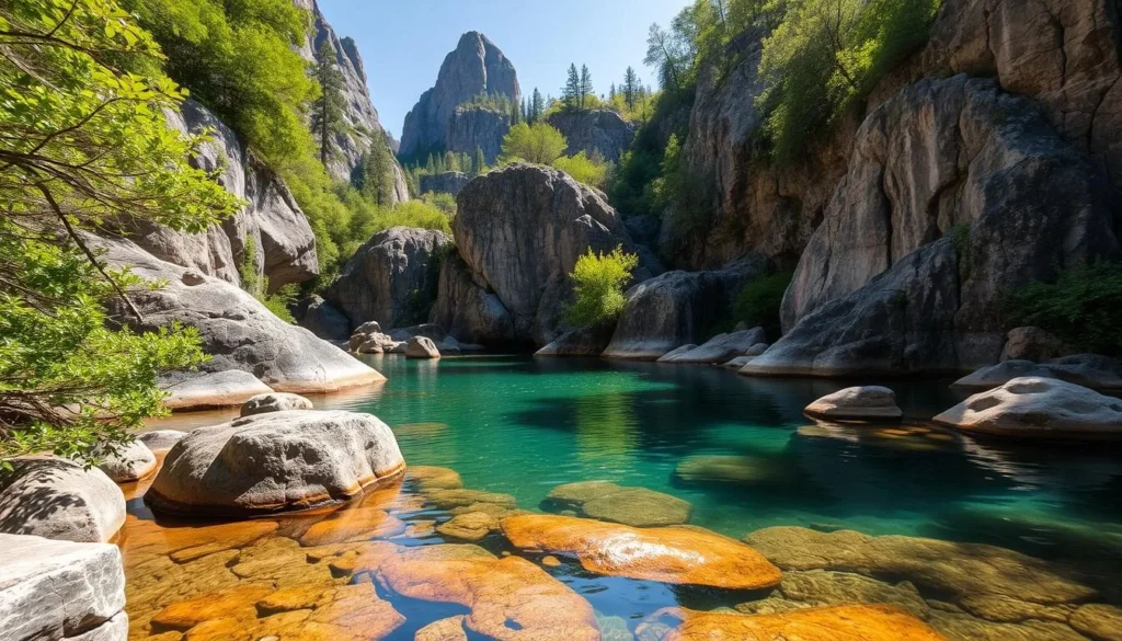 Generate an image of a serene natural swimming hole surrounded by granite rocks and lush vegetation.