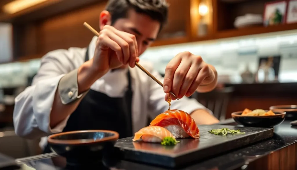 Generate an image of a serene omakase dining experience at Waku Ghin, with a chef carefully preparing a sushi piece.