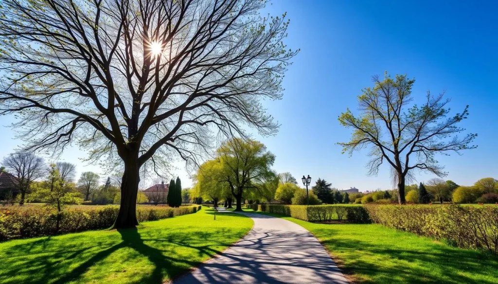 Generate an image of a serene pathway in Parco Alto Milanese, Busto Arsizio, with lush greenery and a clear blue sky.