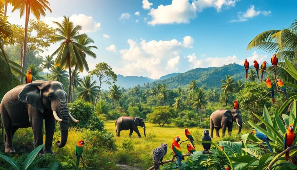 Generate an image of a serene rainforest with diverse wildlife, including elephants and various bird species.
