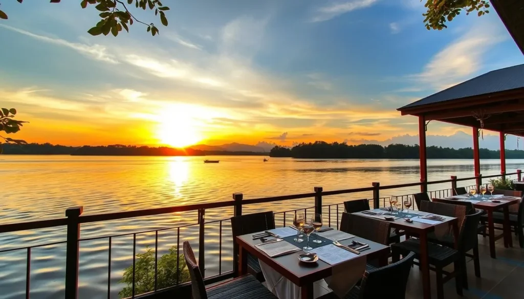 Generate an image of a serene riverside restaurant in Kratie with a stunning view of the Mekong River during sunset.