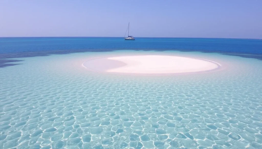 Generate an image of a serene sandbank with crystal-clear waters and a boat in the background.