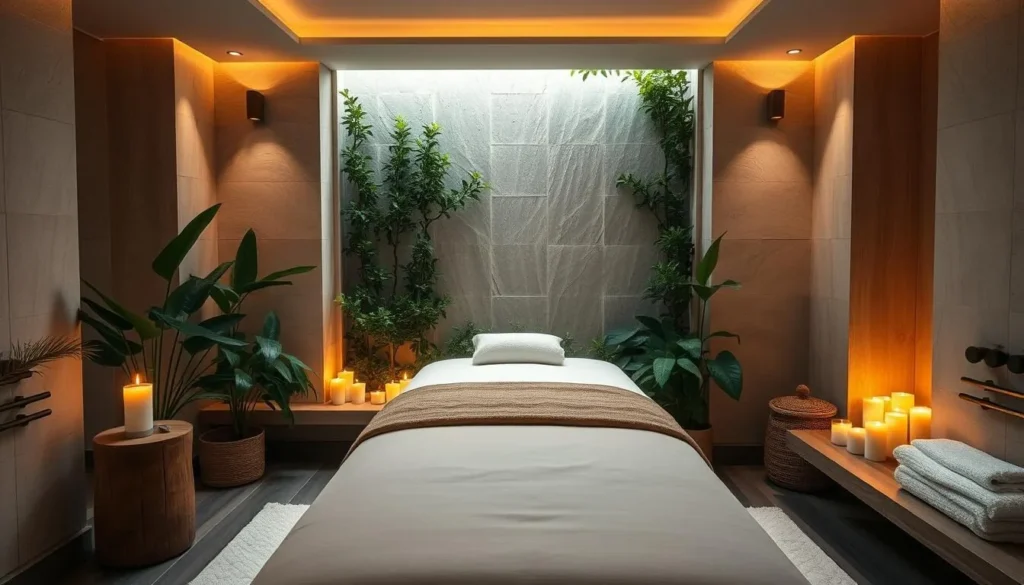 Generate an image of a serene spa setting with a massage table and calming ambiance.